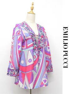 HGB-Q292/EMILIO PUCCI 長袖ブラウス シャツ チュニック 総柄 プッチ柄 レースアップ シルク コットン 44 XL 紫 大きいサイズ 春秋