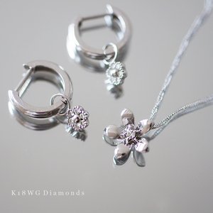 ほぼ 未使用 美品 K18 WG 天然 ダイヤモンド 計0.14ct 4.0g フラワー ネックレス ピアス セット ホワイト ゴールド 750 18 金 レディース