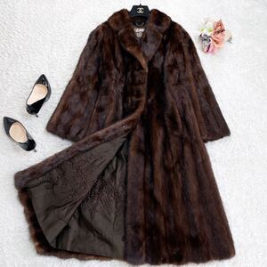 美品*最高級毛皮★エンバ EMBA★着丈107cm★MINK★ビッグカラー★花柄刺繍★リアルファー*ロングコート ダークブラウン