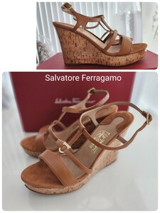 送料無料◆即決◆定価7万円 Salvatore Ferragamo サルヴァトーレ フェラガモ キャメルブラウン ガンチーニ金具 コルクソールサンダル 7C