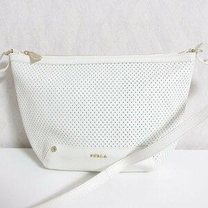 美品 FURLA フルラ パンチングレザー ショルダーバッグ ポシェット クロスボディバッグ ホワイト ◆