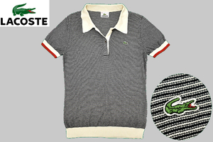 Y-2352★送料無料★美品★LACOSTE ラコステ★レディース 女性 正規品 ワニロゴ刺繍 黒 ボーダー 半袖 コットン サマー ニット シャツ 40