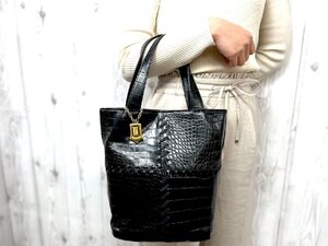 極美品 YSL Yves Saint Laurent イヴサンローラン サンローラン ハンドバッグ バッグ クロコダイル型押しレザー 黒 79029