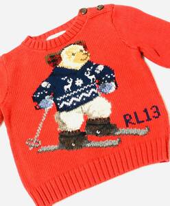 新品　RALPH LAUREN （ラルフローレン）　長そでニット　セーター　スキー　レッド　肩のボタン　サイズ3month　６０㎝