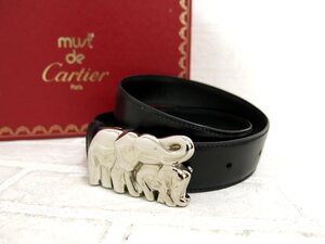 ◆超美品◆Cartier カルティエ◆象モチーフ エレファント◆カーフ レザー 本革◆ベルト◆ブラック シルバー金具◆A9131