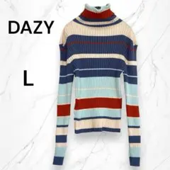 【DAZY】シーイン タートルネックマルチボーダーリブニットセーター　L ブルー