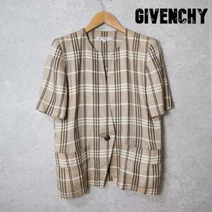 美品 GIVENCHY ジバンシィ サイズ13 マドラスチェック柄 麻 リネン100％ 半袖 ノーカラージャケット シャツ ベージュ