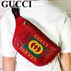 【美品】GUCCI グッチ ボディバッグ ウエストポーチ ロゴプリント レザー