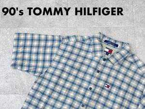 ☆送料無料☆ TOMMY HILFIGER トミーヒルフィガー USA直輸入 古着 90’s 半袖 チェック ボックス シャツ メンズ M 小さめ グレー トップス