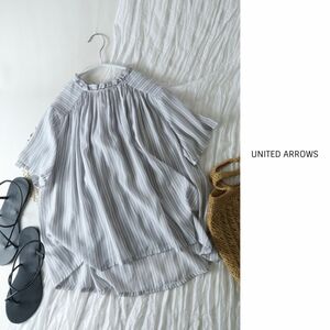 新品☆ユナイテッドアローズ UNITED ARROWS☆洗える ストライプ柄スタンドフリルブラウス☆N-H 2225