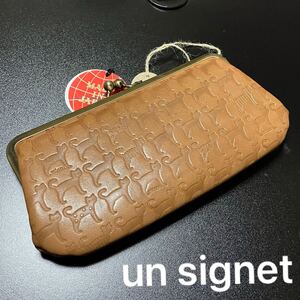 【ws220】美品 un signet アンシグネ 牛革 がま口 長財布 猫柄 型押し カウレザー