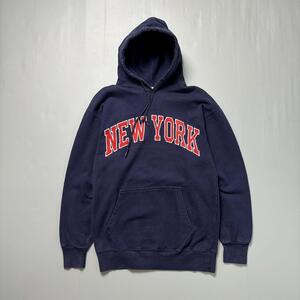 Mサイズ 90s 古着 パーカー プルオーバー スウェット 裏起毛 カレッジロゴ 刺繍 NY NewYork ニューヨーク フェード ネイビー