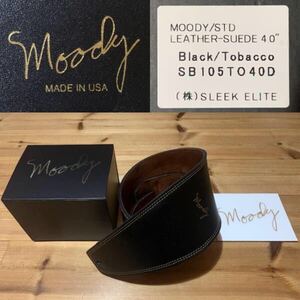 美品 MOODY STRAP Leather-Suede 4.0inch Standard Tail Black Tobacco ムーディー ワイド レザー ストラップ ブラック ベース BASS ギター