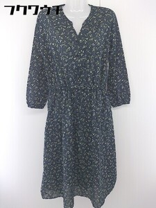 ◇ ◎ chocol raffine robe 花柄 スタンドカラー 長袖 膝下丈 シャツ ワンピース サイズ F ネイビー マルチ レディース