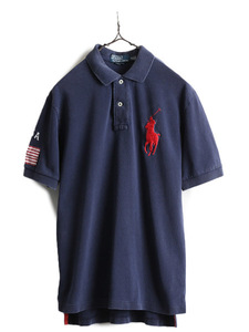 ビッグポニー ■ ポロ ラルフローレン 鹿の子 半袖 ポロシャツ メンズ M / 古着 POLO 半袖シャツ USA 星条旗 ワッペン 付き ネイビー 紺