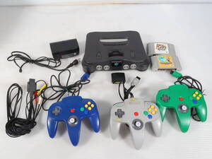 1円～/未検品★NINTENDO 64 本体 コントローラ3台付 ソフト2本付 マリオテニス64 大乱闘スマッシュブラザーズ NUS-001 E493