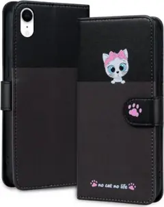iphoneXR手帳柄猫ケース　黒+グレーおしゃれスマホケース