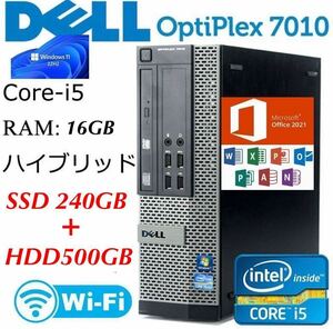 SSD240GB+ HDD500GB Win10 Pro64bit DELL OPTIPLEX 3010/7010/9010SFF /Core i5-3470 3.4GHz/16GB/完動品DVD/2021office Wi-Fi Bluetooth.