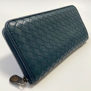 ★BOTTEGA VENETA ボッテガヴェネタ イントレチャート ラウンドファスナー ジップ 長財布 レザー ブルー系【鑑定済み 本物保証】