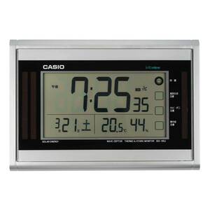 【中古】CASIO(カシオ) 置き時計 電波 ソーラー シルバー デジタル 生活環境 温度 湿度 カレンダー 表示 置き掛け兼用 IDS-160J-