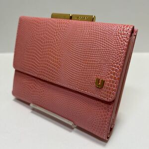 ☆新品-未使用☆◆ungaro ウンガロ　がま口 三つ折り財布◆　リザード 型押し　キーフック付き　ゴールド金具　ピンク【送料無料】0121