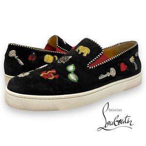 正規品 Christian Louboutin Black Suede Pik N Luck クリスチャン ルブタン 刺繍 ローカット スウェード スニーカー スリッポン シューズ