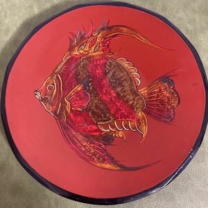 木製　大皿　漆塗り　ビンテージ 魚絵　飾り皿 漆芸 飾り皿