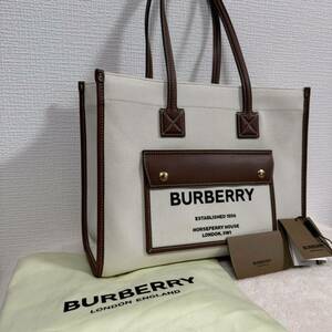 BURBERRY CANVAS LEATHER SMALL FREYA TOTE BAG 80441381 NATURAL バーバリー ツートン キャンバス レザー スモール フレヤ トートバッグ