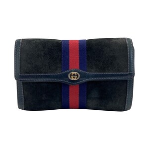 ☆☆ GUCCI グッチ オールドグッチ シェリーライン セカンドバッグ ネイビー スウェード×レザー クラッチバッグ 傷や汚れあり