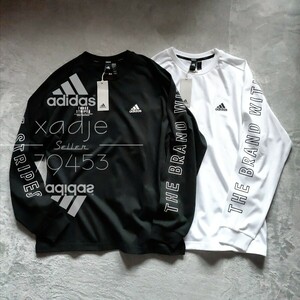 新品 正規品 adidas アディダス 2枚セット 長袖 ロンT プリント THREE STRIPES 黒 ブラック 白 ホワイト ロゴ プリント 2XL