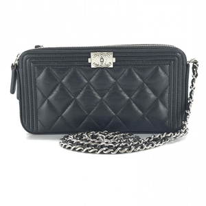 CHANEL シャネル A84069 ボーイシャネル チェーンウォレット ラムスキン 黒 ブラック シルバー金具 Wファスナー 24番台 管理YK33852