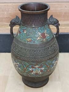 時代物　七宝　銅製　花瓶　花器　花入　双耳　花紋様