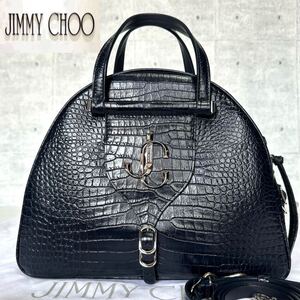 未使用級 JIMMY CHOO ジミーチュウ ボーリング ヴァレンヌ VARENNE BOWLING ネイビー クロコ型押し 2WAY ハンドバッグ トート JCロゴ