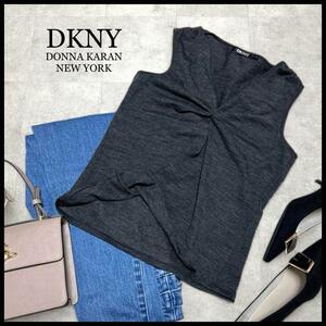 極美品 DKNY DONNA KARAN NEW YORK ダナキャランニューヨーク カットソー 大人カッコイイ ノースリーブシャツ Vネック ウール グレー S