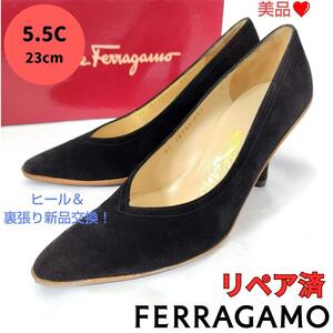 美品箱付き☆フェラガモ【Ferragamo】スエードミックス パンプス 黒