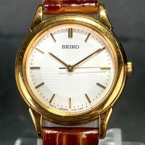 SEIKO セイコー V701-1930 腕時計 アナログ クオーツ 3針 ホワイト文字盤 ラウンド レザーベルト ブラウン 新品電池交換済み 動作確認済み