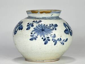 X1209【李朝高麗コレクター所蔵品】李朝時代　青花　花卉雑宝文　小壷　丸壷　染付　花瓶　古物　華道具　朝鮮古陶磁