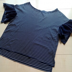 INTERPLANET インタープラネット Tシャツ☆肩ひらひらボーダー半袖トップス size 002(M)☆大人可愛いトップス 通学通勤着 女子会