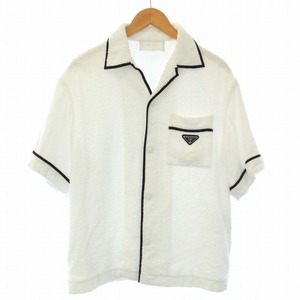 プラダ PRADA Cotton bowling shirt パイル ボーリングシャツ 半袖 三角ロゴ S 白 ホワイト 黒 ブラック /TK メンズ