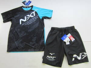 新品◆ミズノ mizuno 半袖シャツ & ショート パンツ M 黒青ブルー 上下セット 吸汗速乾 Tシャツ ランニング ジョギング トレーニング / L