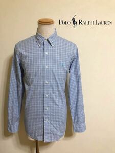 【美品】 Polo Ralph Lauren ポロ ラルフローレン カスタムフィット ギンガムチェック ボタンダウンシャツ トップス サイズM 長袖 青白水色