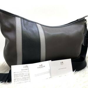 1円 【美品】 COACH コーチ ショルダーバッグ 牛革 F71436 ブラウン ブラック メンズ 紳士 レザー 斜め掛け ロゴ型押し 通勤 仕事 ビジネス