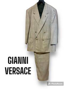 rrkk2851 ヴェルサーチ GIANNI VERSACE メデューサ ゴールドボタン タブルスーツ 100% LAINE サマーウール LサイズMADE IN ITALY 