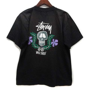 ステューシー STUSSY SKULL FLOWER スカル フラワー Tシャツ バックプリント ボックスシルエット M 黒 ブラック ☆AA★ メンズ