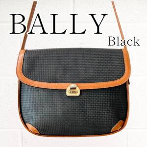 【良品】BALLY(バリー)ショルダーバッグ ロゴ総柄 ブラック 黒 レザー