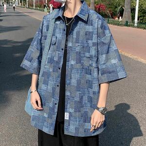 メンズ デニムシャツ アウター トップス 開襟シャツ 韓国風 五分丈袖 夏服 ゆったり総柄シャツ カジュアル 大きいサイズ JCAS011(2色M-5XL)