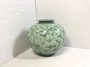 [K-2024]陶器 花器 花瓶☆花入 壷 色絵★売り切り 1円スタート♪