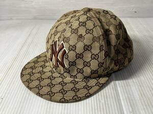 キャップ GUCCI/グッチ NEW ERA/ニューエラ ヤンキースロゴ 7 8/5 60.6㎝ ●30Y● 現状品 コラボ 総柄 長期保管品 ファッション ブランド品