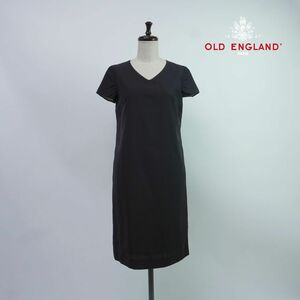 美品 OLD ENGLAND オールドイングランド シルク混 Vネック 半袖膝丈ワンピース 無地 レディース 黒 ブラック サイズ36*PC413