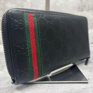 【極美品】 GUCCI グッチ 長財布 ラウンドファスナー ジッピーウォレット シマ シェリーライン レザー ブラック 308009 ビジネス メンズ